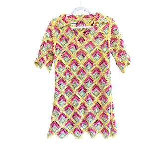Storets Women's Crochet Mini Dress Multicolor Knit Collared Zig Zag Trim Summer
